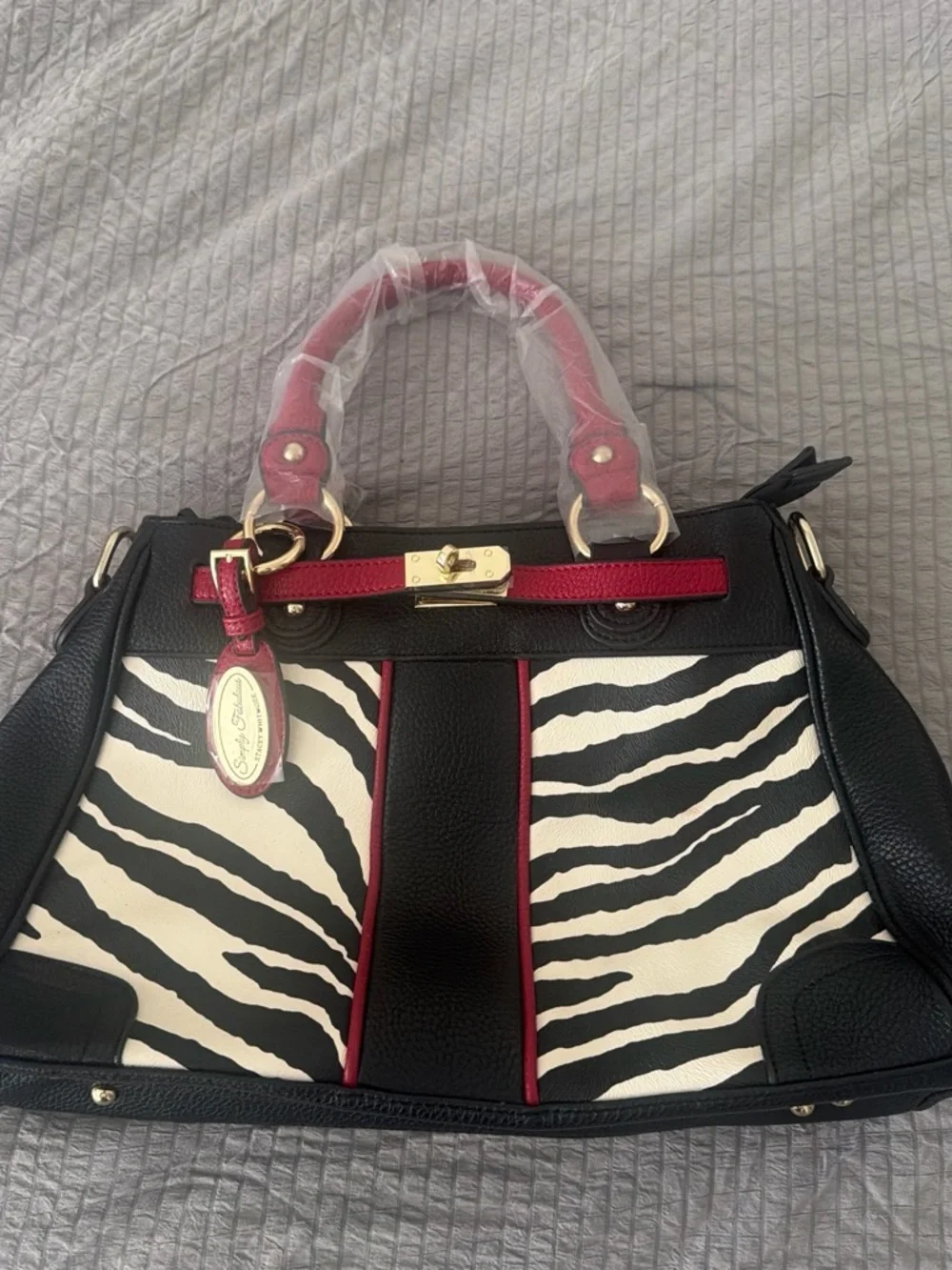 Designer Zebra-Print Satchel Handbag in Black, White & Red